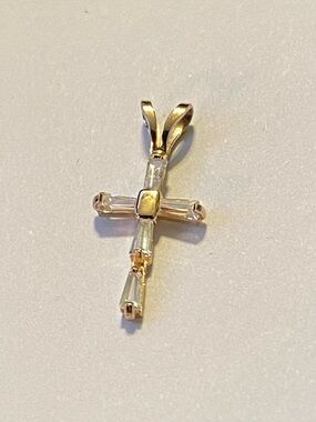 14k Yellow Gold Cross Pendant Cubic Zirconia Baguette Gold Cross